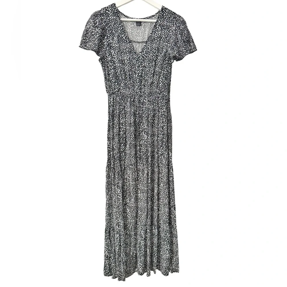 Fit and Flare Reverse Dalmatian Print Split Hem A-Line Dress Maxi S - Picture 3 of 7